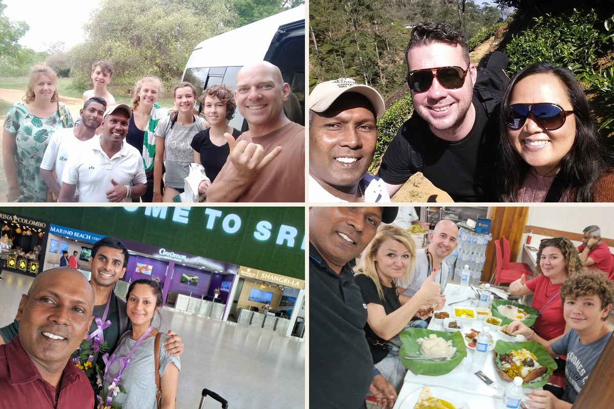 Krishan with Grace Lanka Tours guests across Sri Lanka — tea country, safari, airport pickups, and local dining