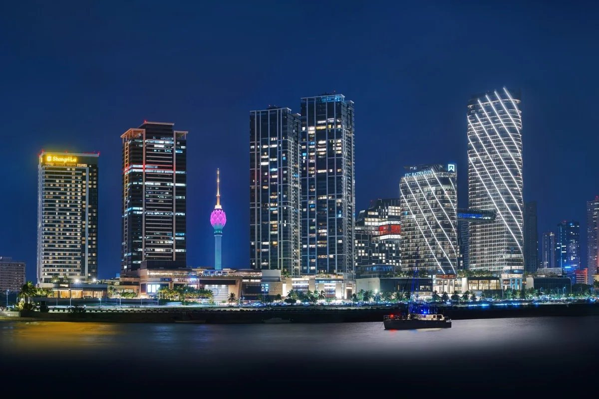 Colombo city skyline at night with the iconic Lotus Tower and illuminated waterfront