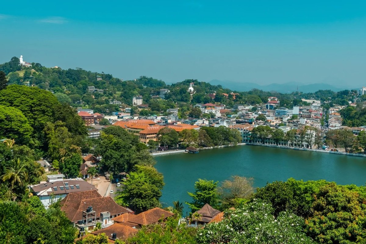 Aerial view of Kandy city and lake with the Temple of the Sacred Tooth Relic in central Sri Lanka